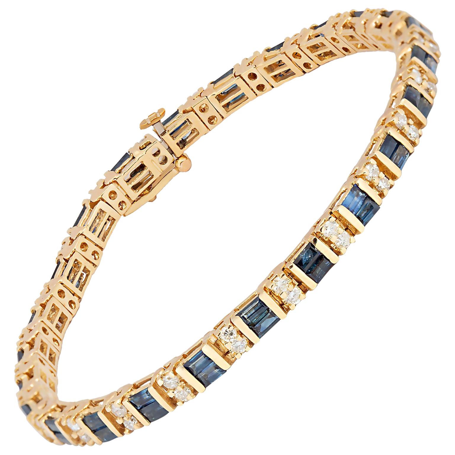 Baguette Sapphire and Round Diamond Line Bracelet 18K Yellow Gold For Sale