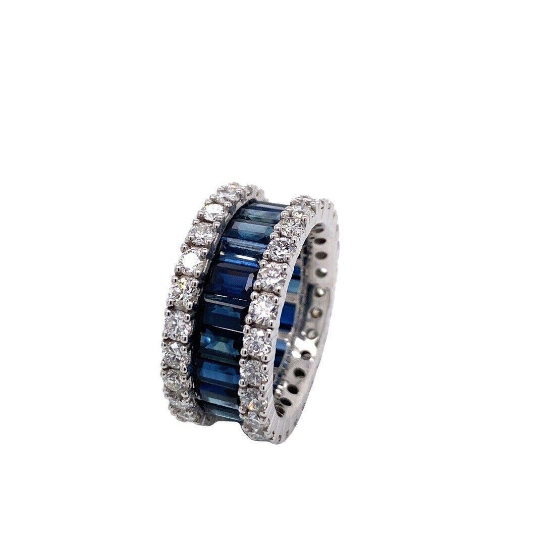 Baguette Sapphire and Round Diamonds Full Eternity Ring, Set In 18ct White Gold

This ring is a baguette sapphire and round diamond full eternity ring, set with 25 baguette sapphire weighing 3.50ct and 50 round brilliant cut diamonds weighing