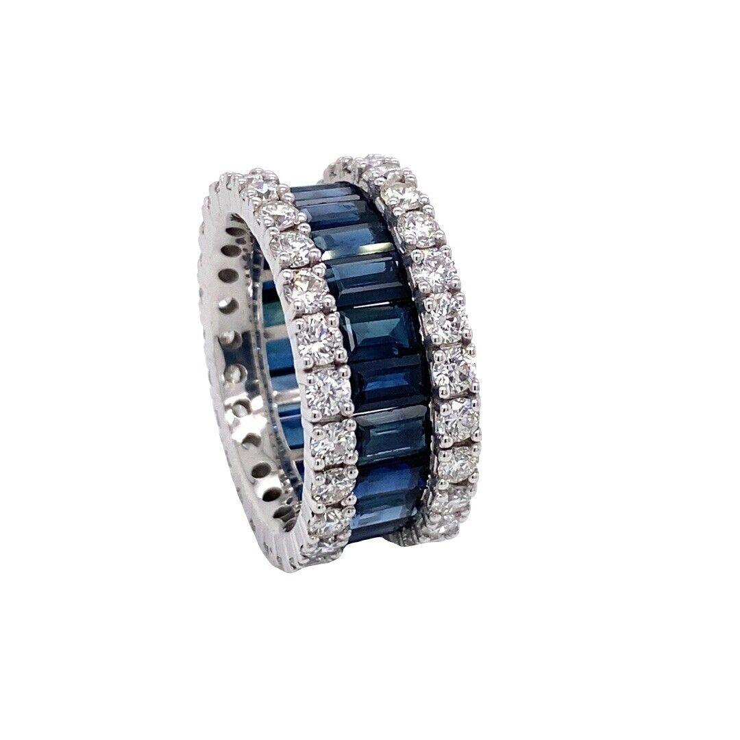 Baguette Sapphire and Round Diamonds Full Eternity Ring in 18ct White Gold In New Condition For Sale In London, GB
