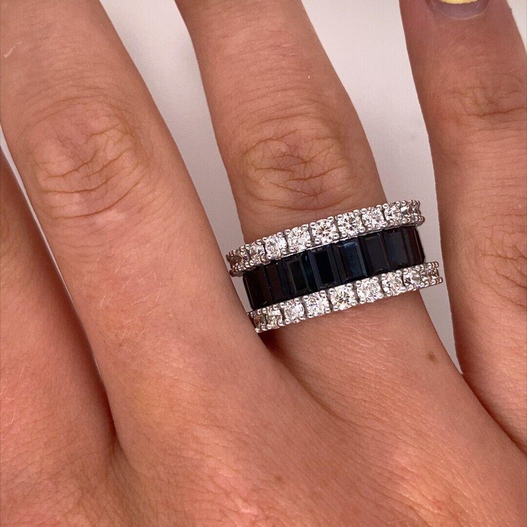 Baguette Sapphire and Round Diamonds Full Eternity Ring in 18ct White Gold For Sale 1