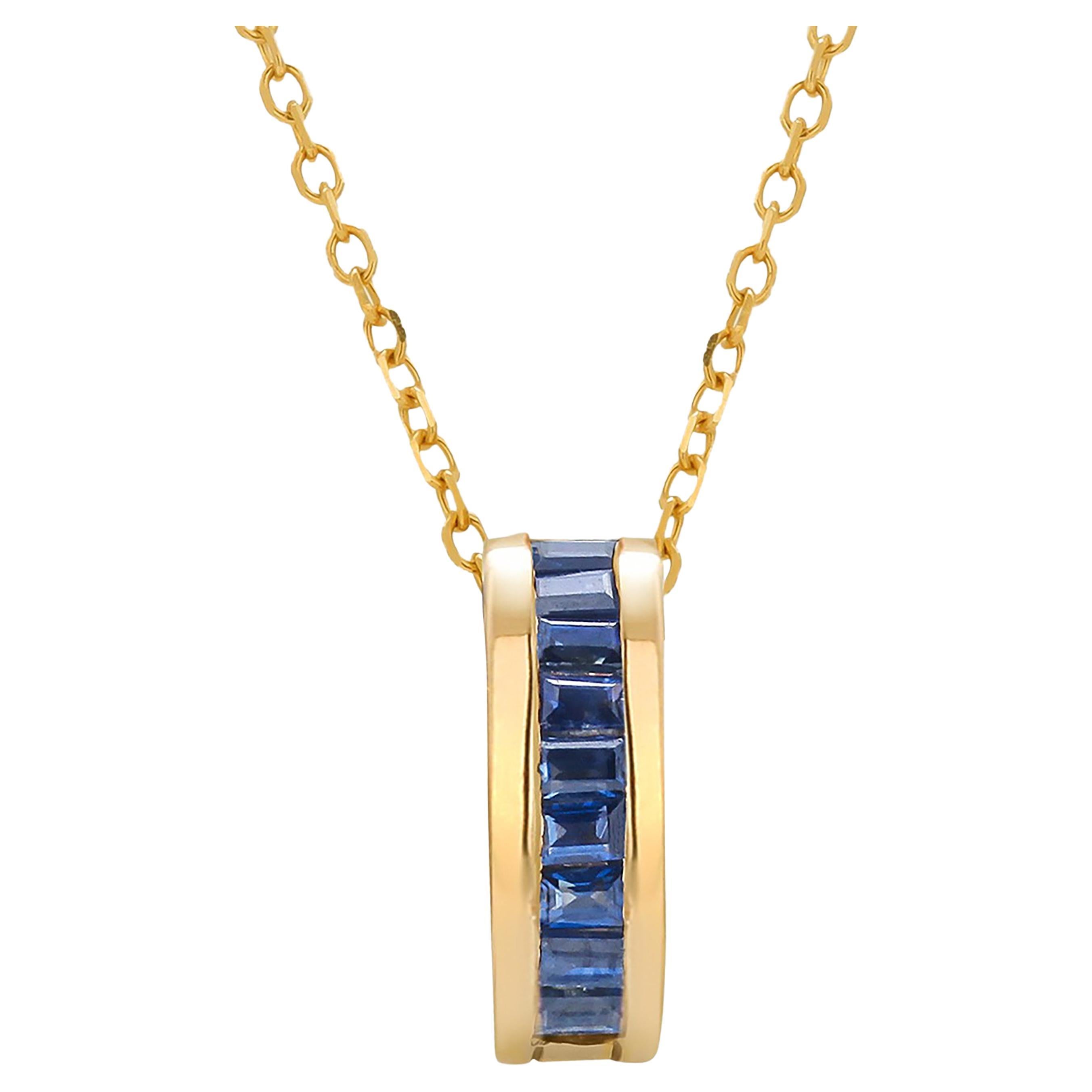Baguette Sapphire 1.65 Carat Detachable Charm Yellow Gold Pendant Necklace For Sale