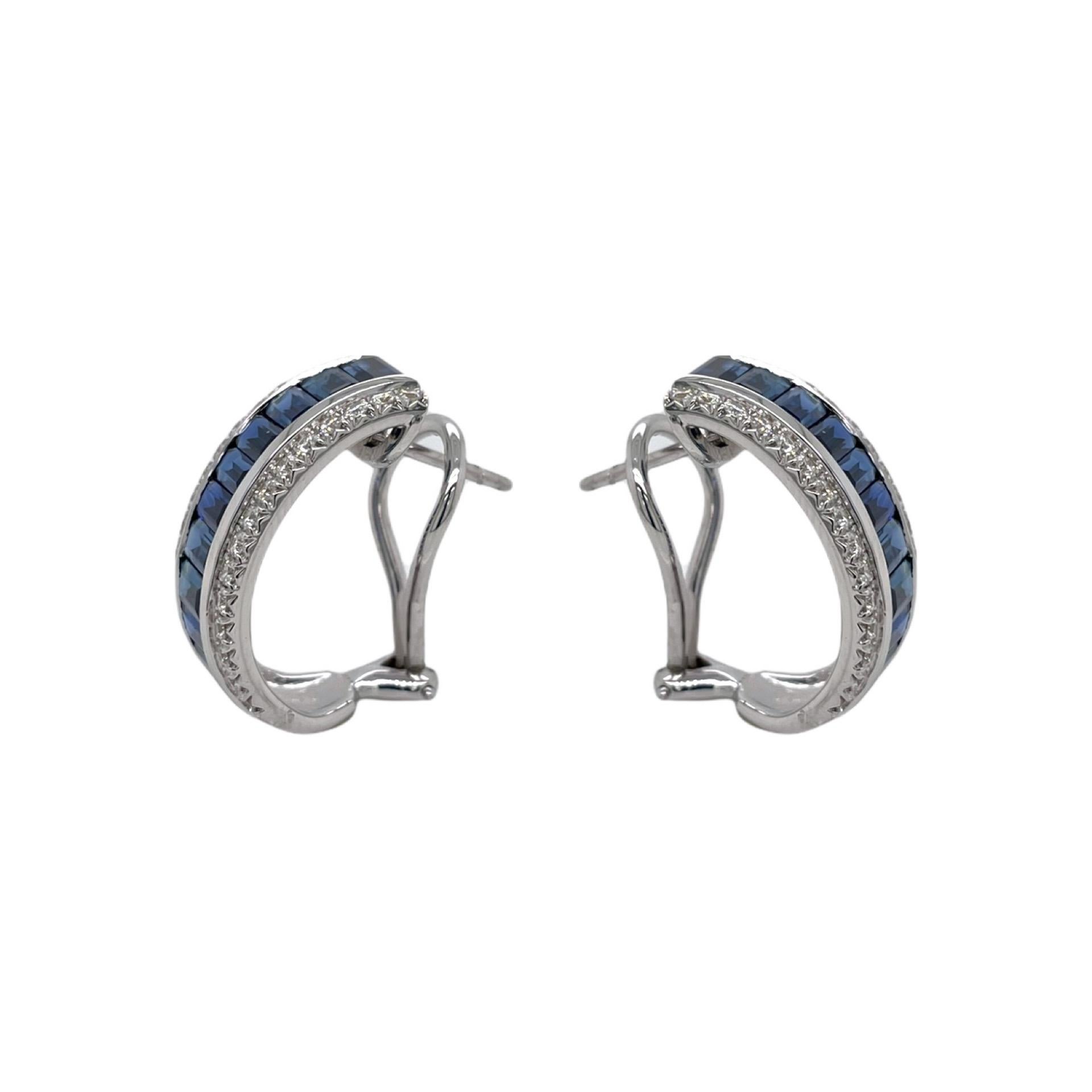 Earrings contain finely matched sapphire baguettes weighing 5.70tcw and round brilliant diamonds, 0.88tcw.
Diamonds are colorless and VS2 in clarity, excellent cut. Sapphires are mounted in a handmade channel setting and diamonds are set in a prong