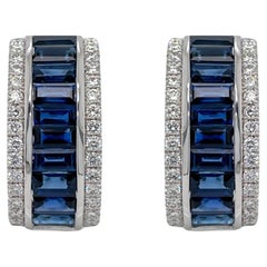 Baguette Sapphire & Diamond Huggie Earrings in 18K White Gold