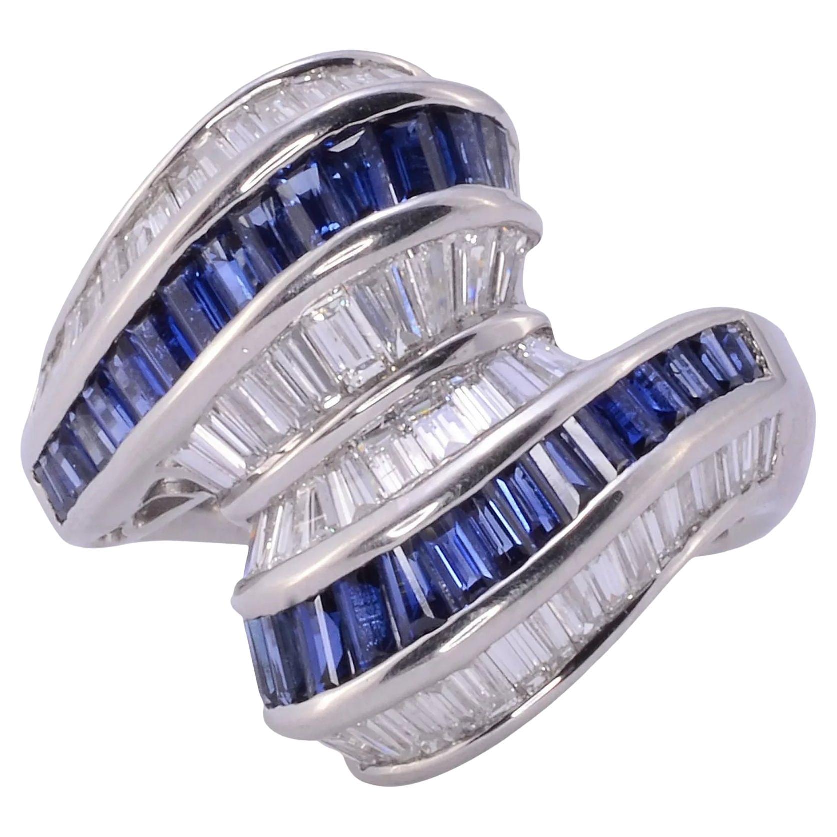 Baguette Sapphire & Diamond Platinum Ring For Sale