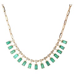 Collar llamativo de oro amarillo de 14K con esmeraldas en talla baguette de 3,38 ct y diamantes de 0,38 ct
