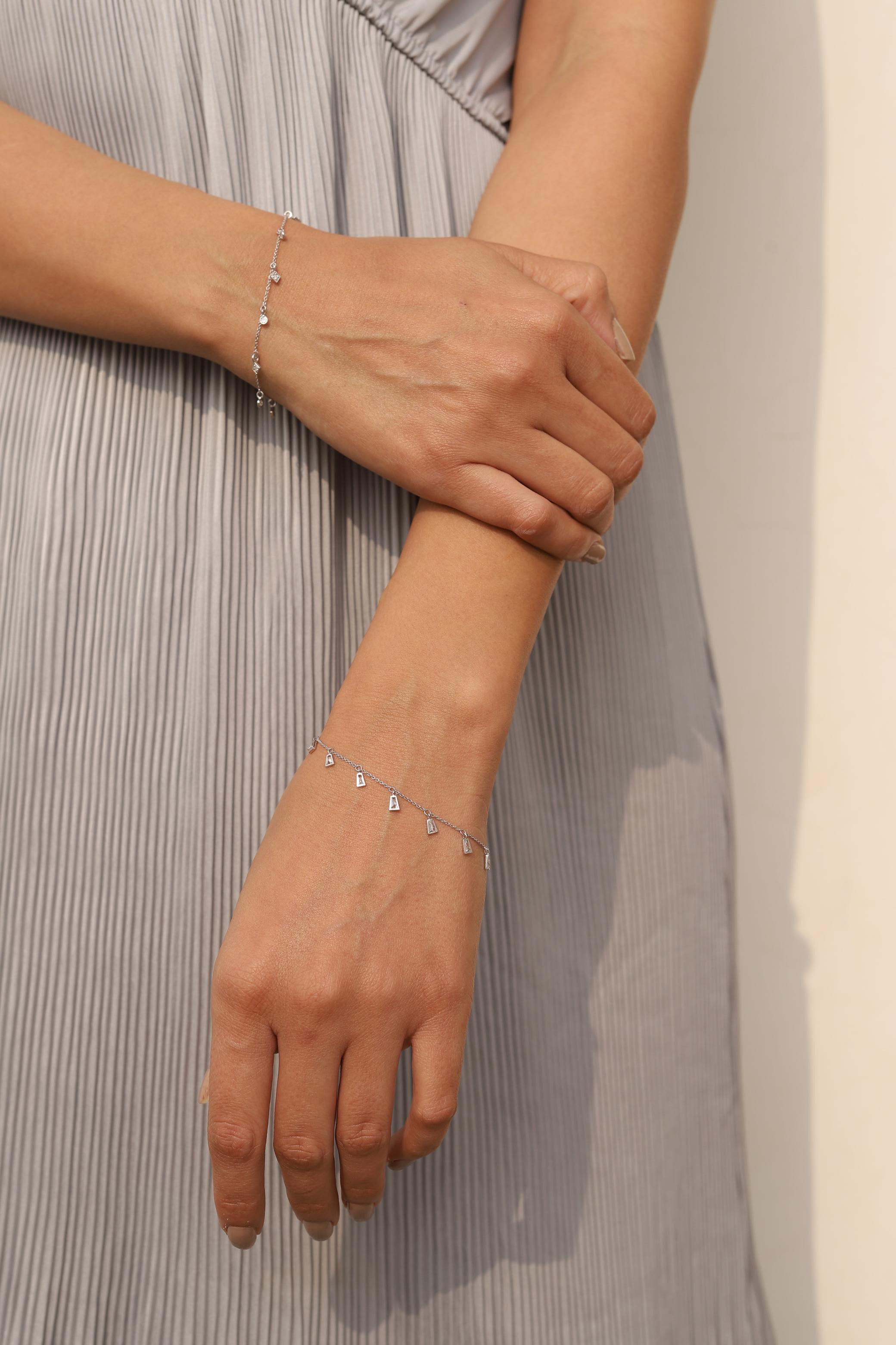Women's Baguette Diamond Charm Bracelet in 18K White Gold  For Sale