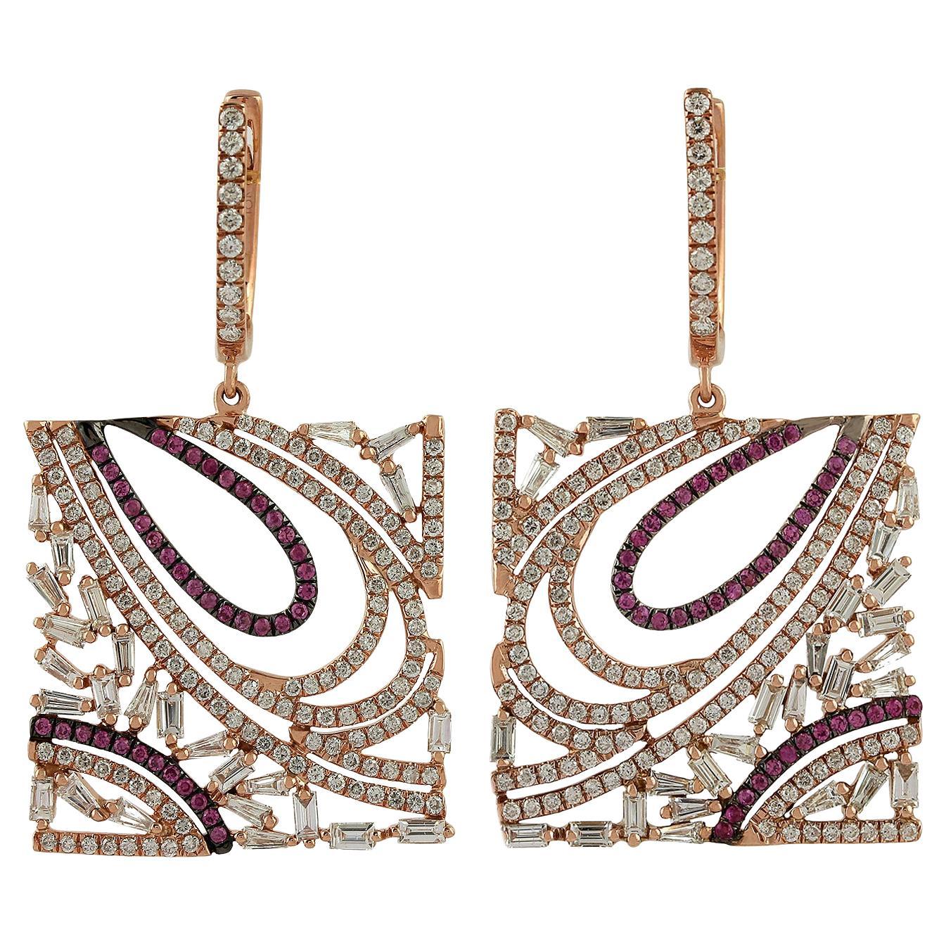 Baguette Shaped Diamonds Earrings With Pink Sapphire Made In 18k Gold For Sale