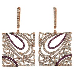 Baguette Shaped Diamonds Earrings With Pink Sapphire Made In 18k Gold