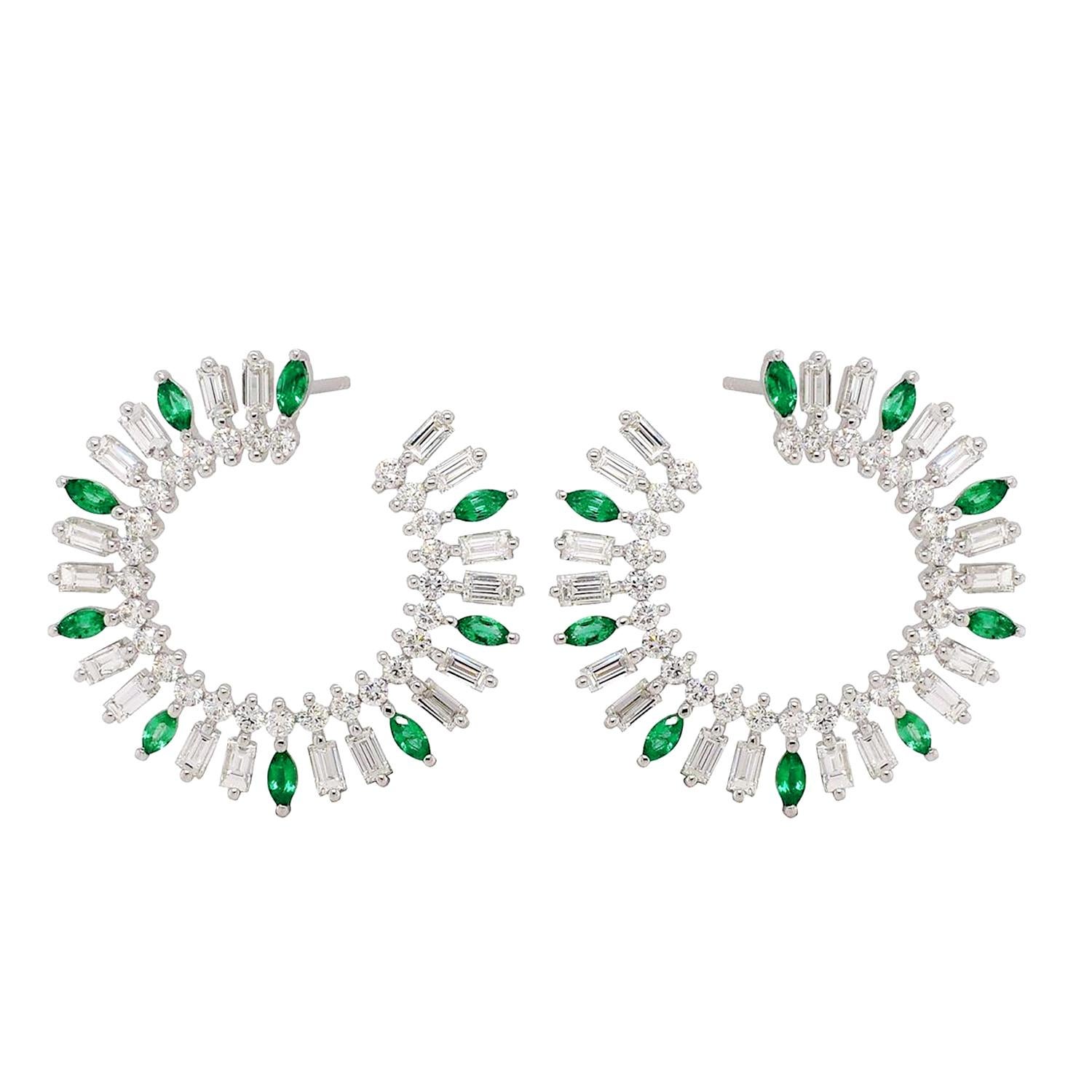 Art Nouveau Baguette Shaped Emerald & Diamonds Hoops Made In 18k White Gold   For Sale