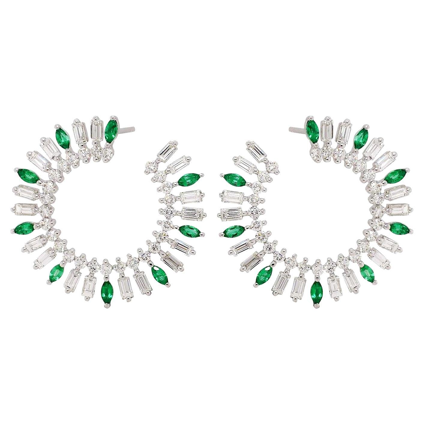 Baguette Shaped Emerald & Diamonds Hoops Made In 18k White Gold  