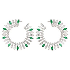 Baguette Shaped Emerald & Diamonds Hoops Made In 18k White Gold  