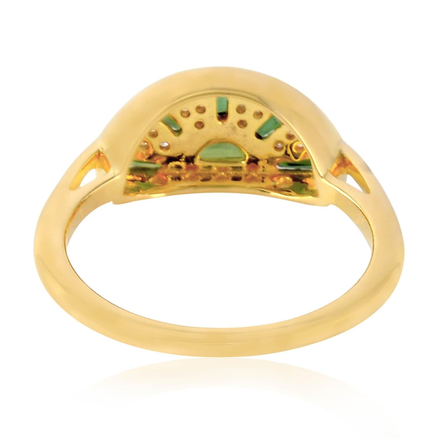 Artisan Baguette Shaped Green Tourmaline Ring With Diamonds Made In 18k Yellow Gold For Sale