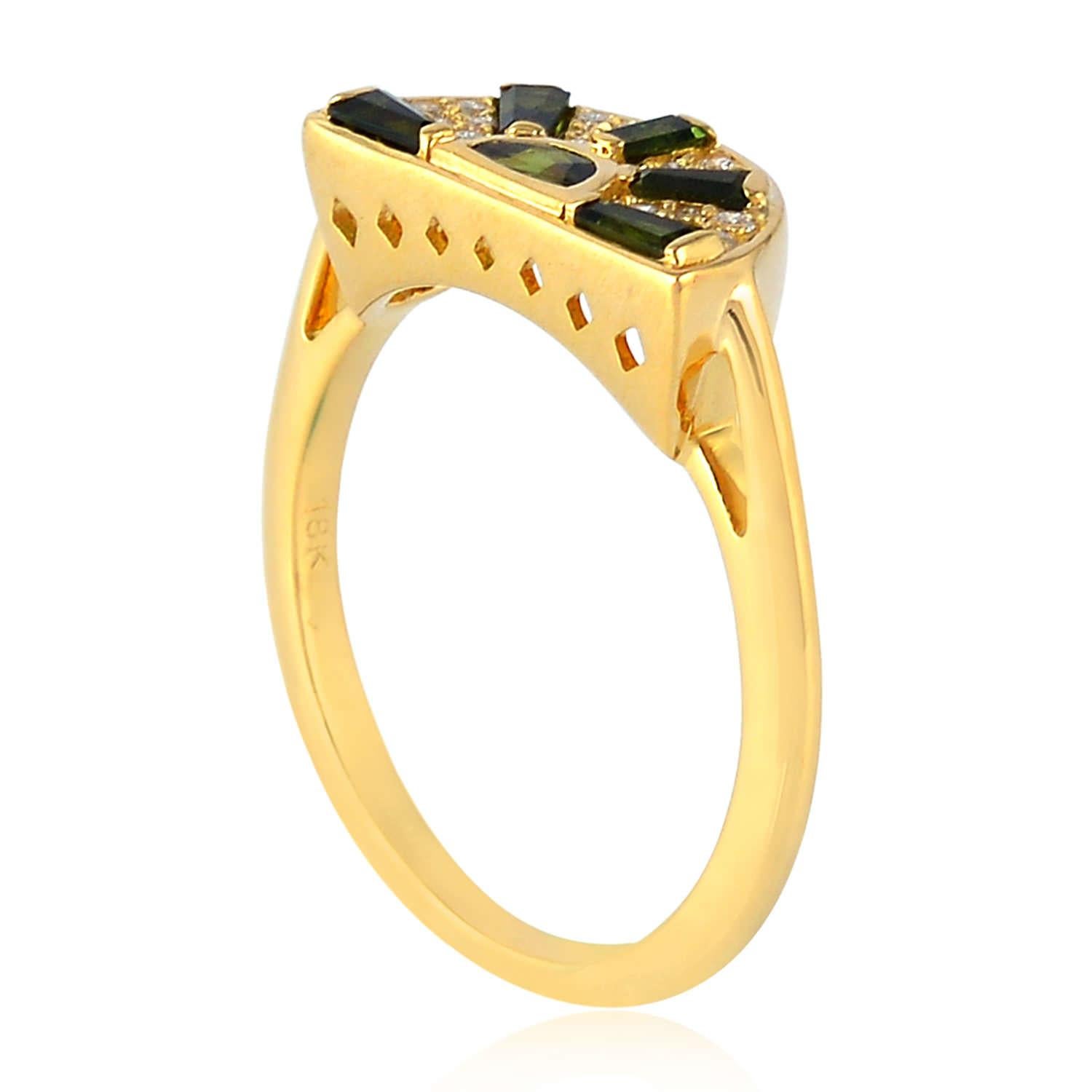 Mixed Cut Baguette Shaped Green Tourmaline Ring With Diamonds Made In 18k Yellow Gold For Sale