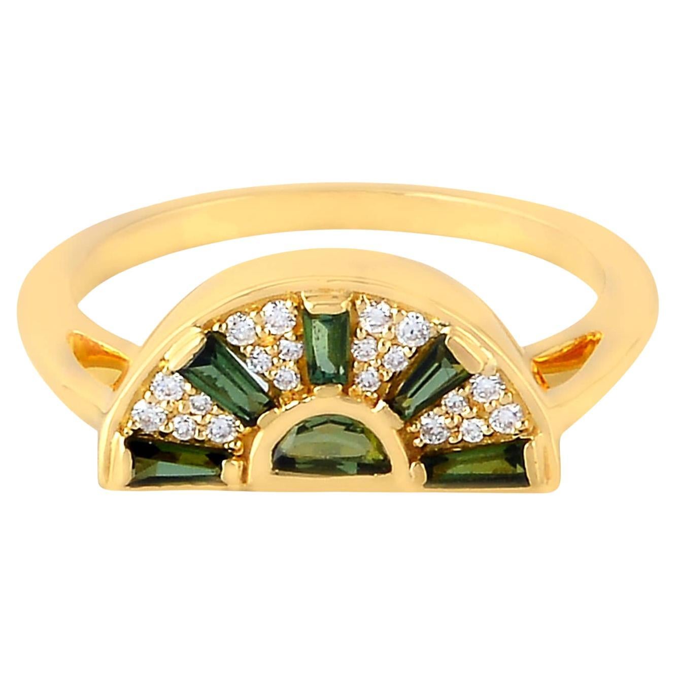 Baguette Shaped Green Tourmaline Ring With Diamonds Made In 18k Yellow Gold