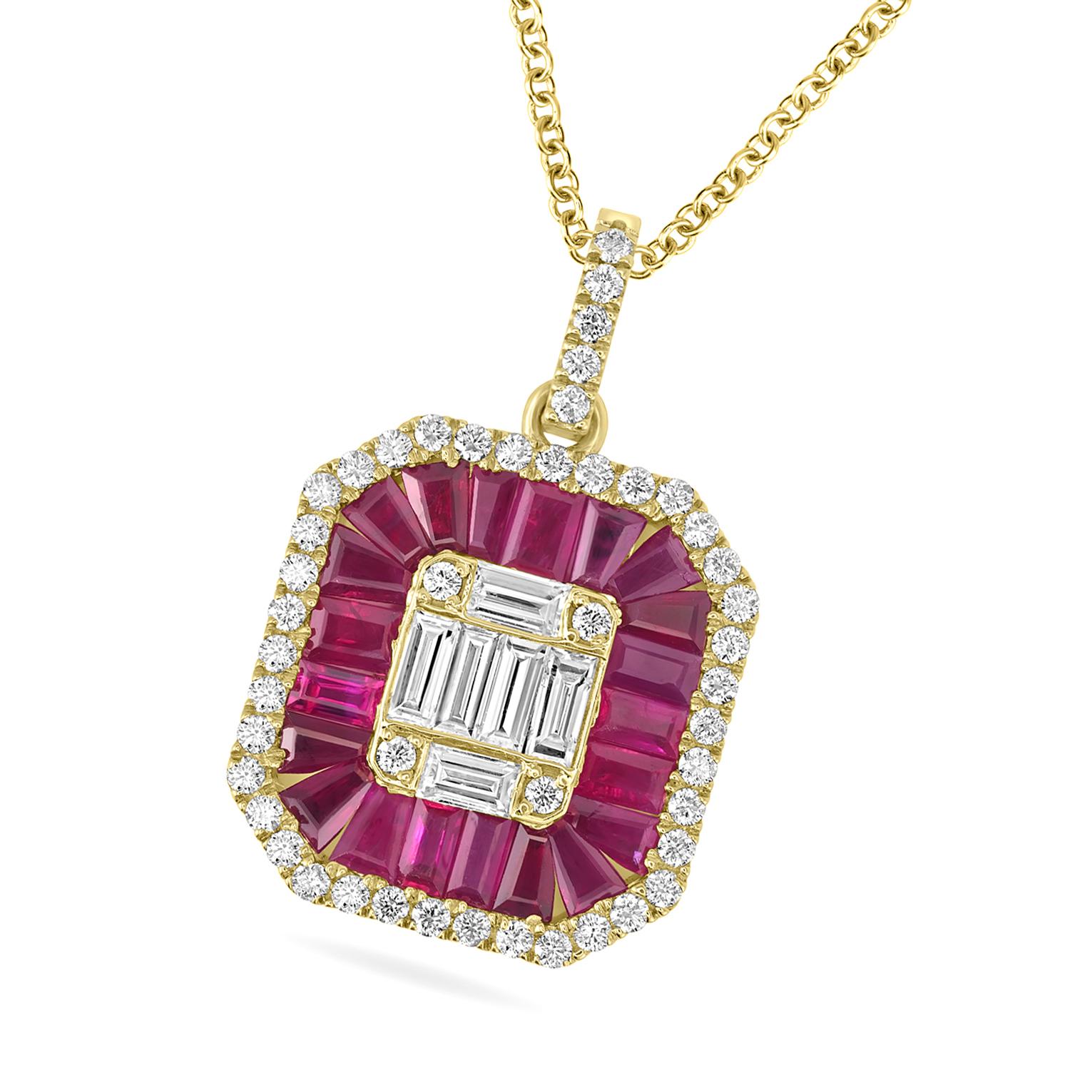 Art Deco Baguette Shaped Mozambique Ruby Minimal Pendant Accented With Diamonds In 18k For Sale