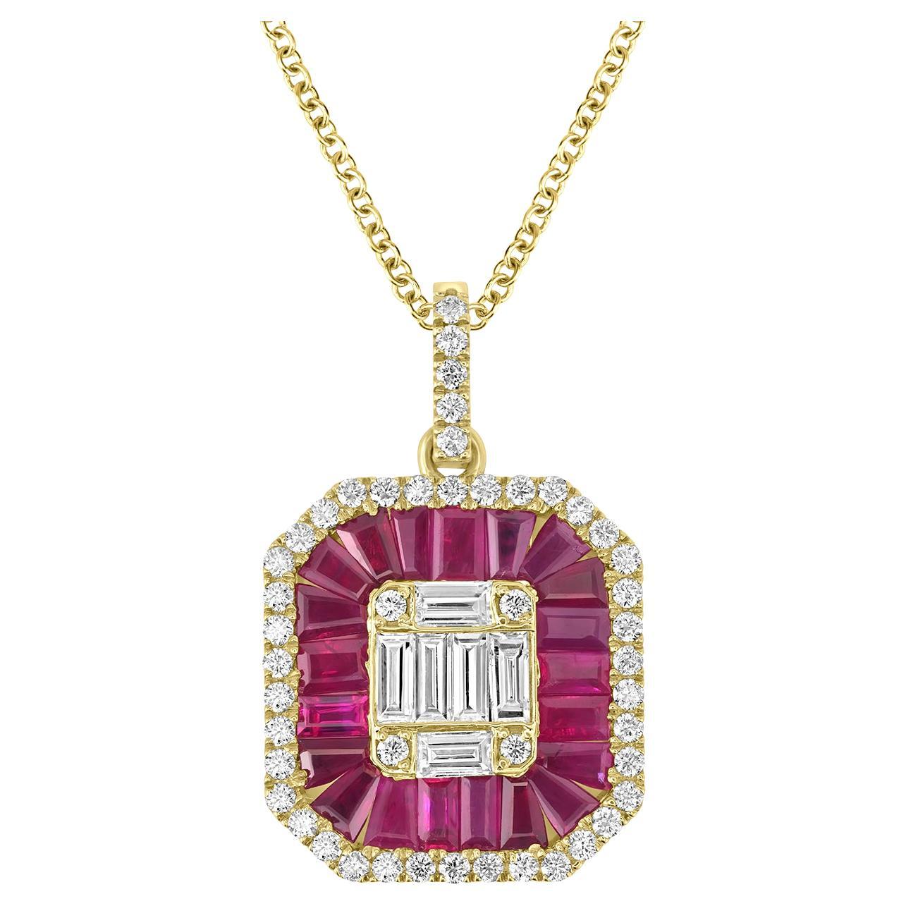 Baguette Shaped Mozambique Ruby Minimal Pendant Accented With Diamonds In 18k