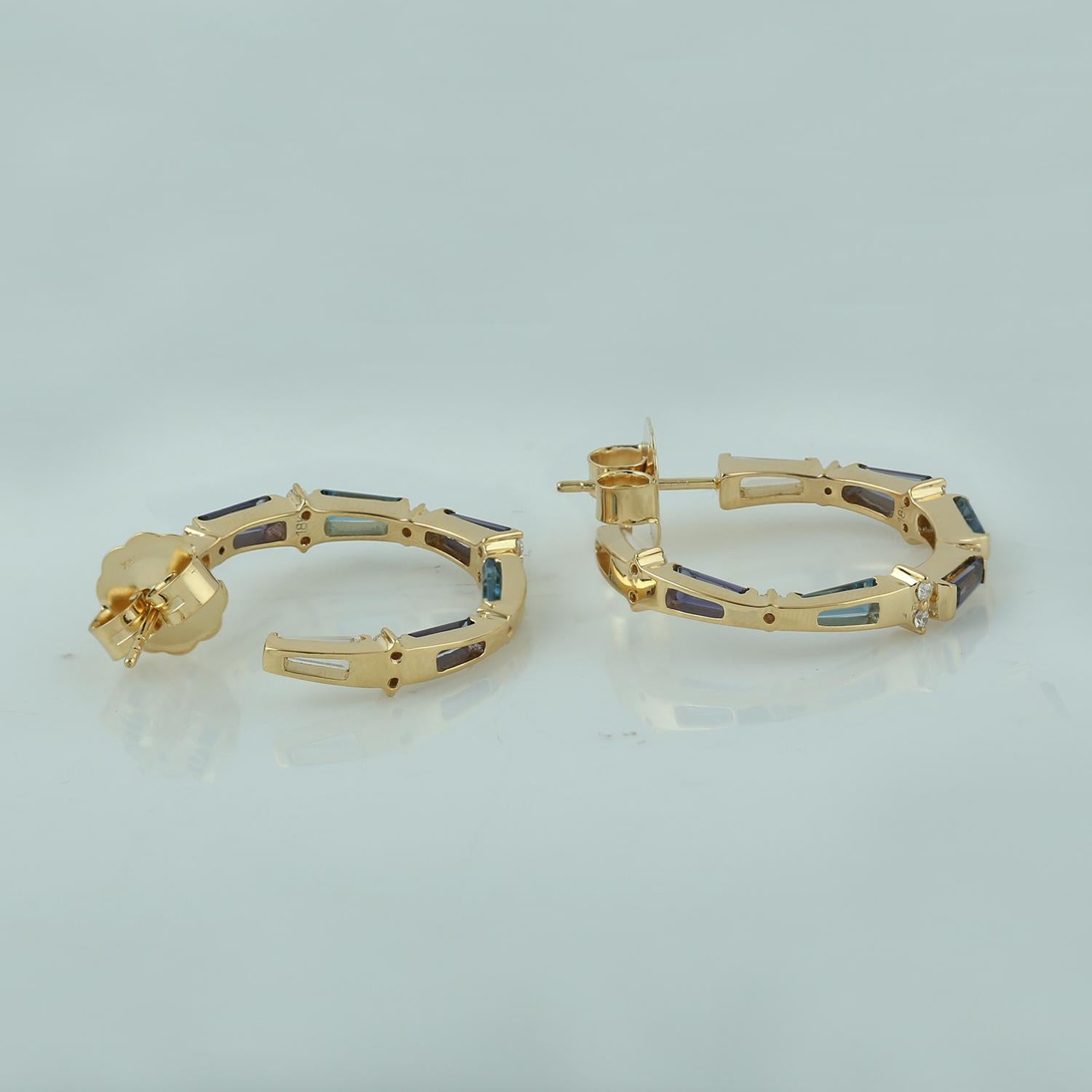 Artisan Baguette Shaped Multi Gemstone Hoop Earrings With Diamonds in 18k Yellow Gold For Sale