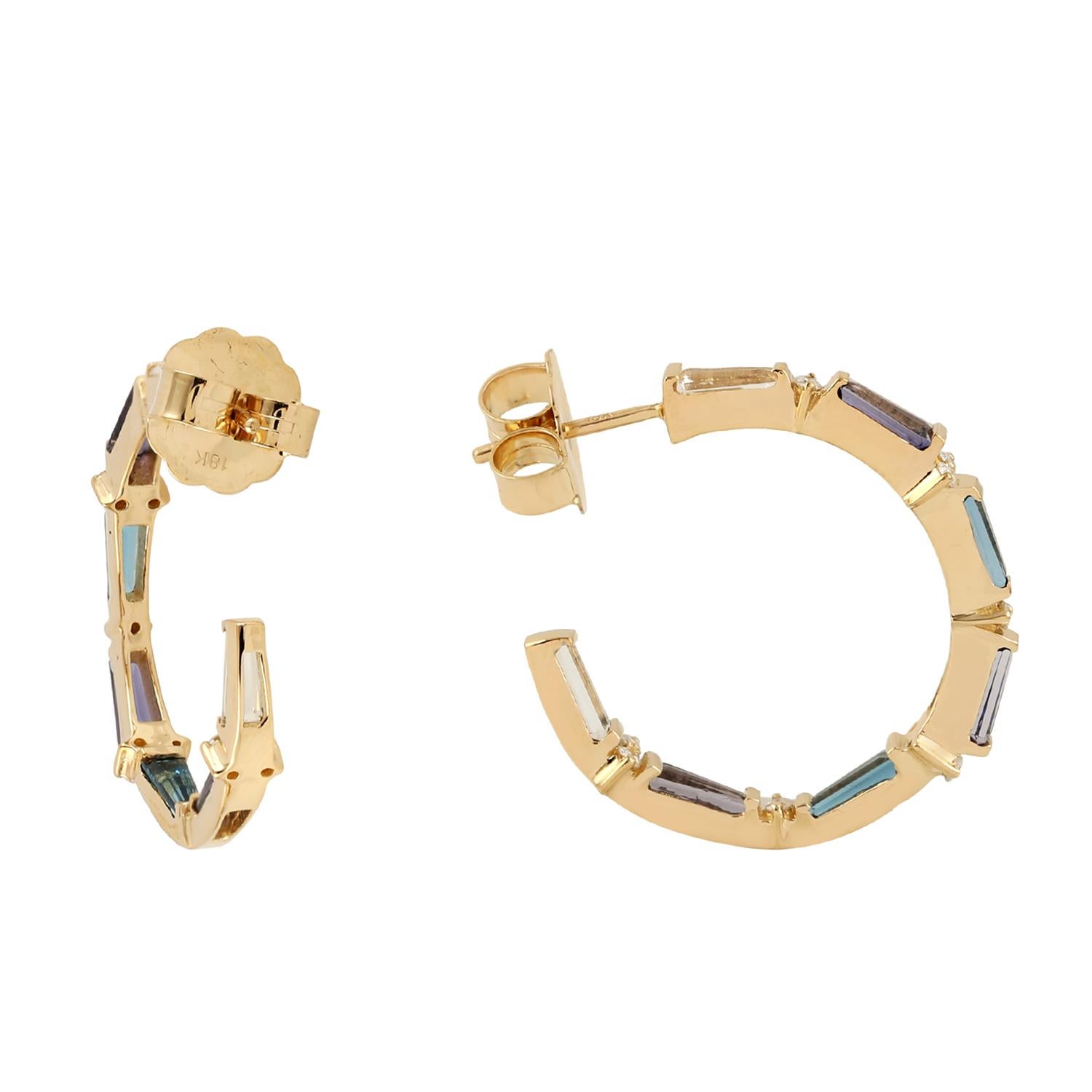 Baguette Shaped Multi Gemstone Hoop Earrings With Diamonds in 18k Yellow Gold In New Condition For Sale In New York, NY