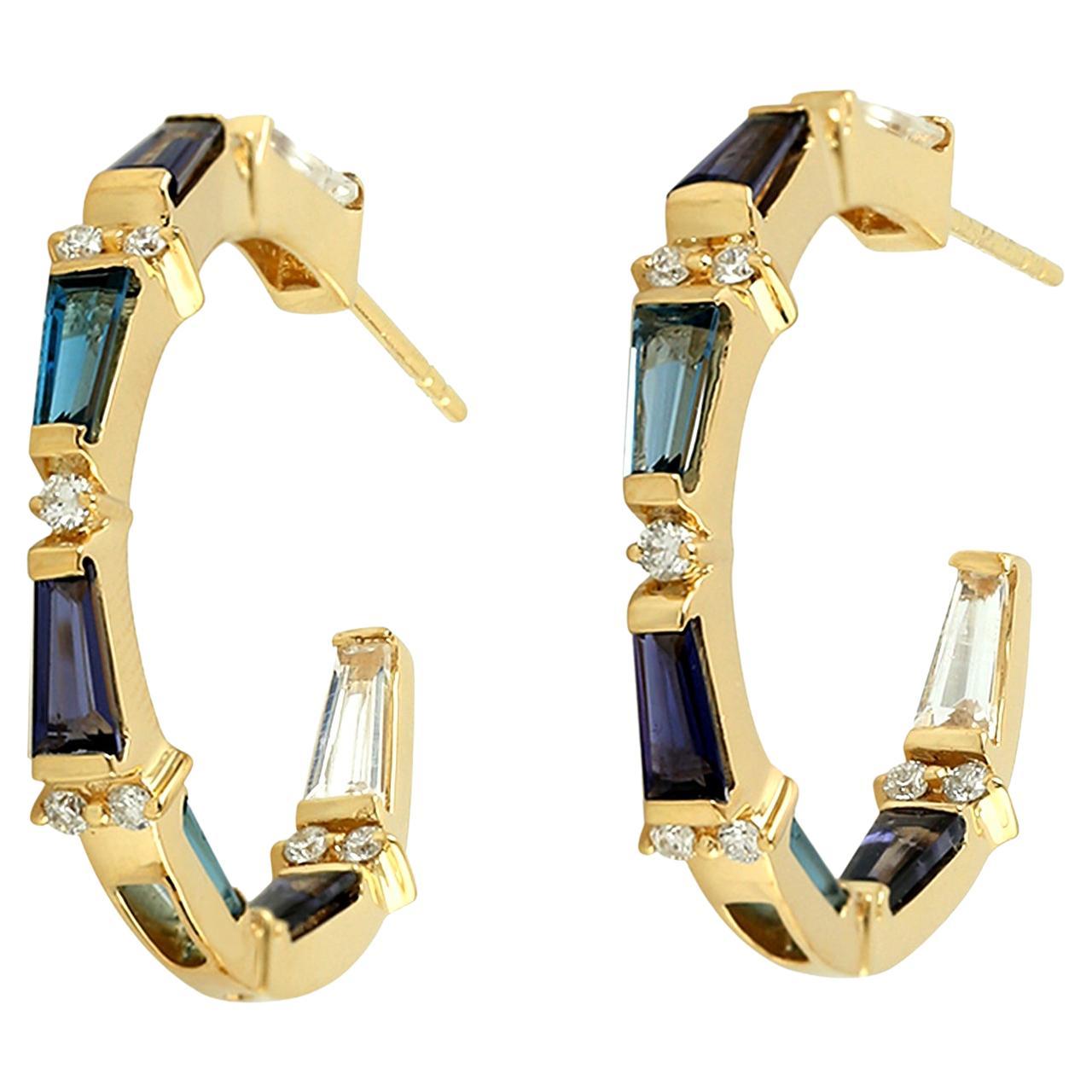 Baguette Shaped Multi Gemstone Hoop Earrings With Diamonds in 18k Yellow Gold For Sale