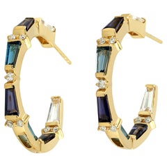 Ohrringe in Baguette-Form mit mehreren Edelsteinen und Diamanten aus 18 Karat Gelbgold mit Diamanten