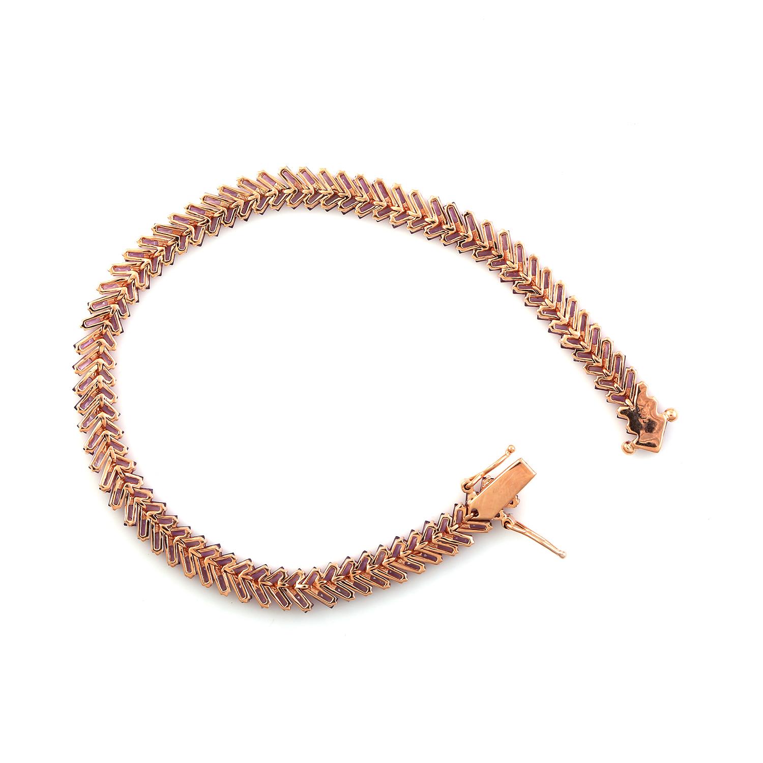 Mixed Cut Baguette Shaped Pink Sapphire Bracelet Made in 14k Rose Gold For Sale