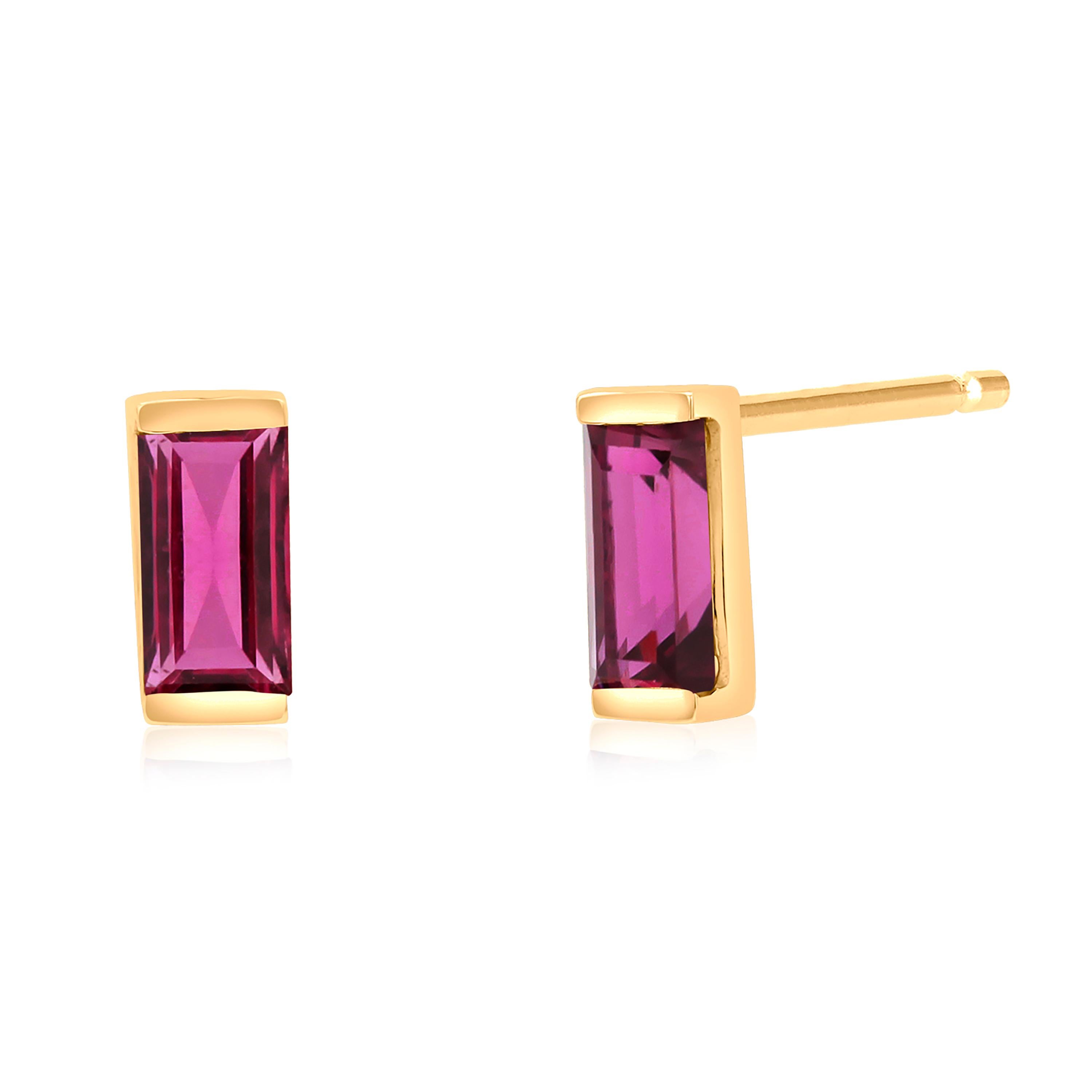 Baguette Ruby 0.71 Carat 14 Karat Yellow Gold 0.24 Inch Long Stud Earrings For Sale 2