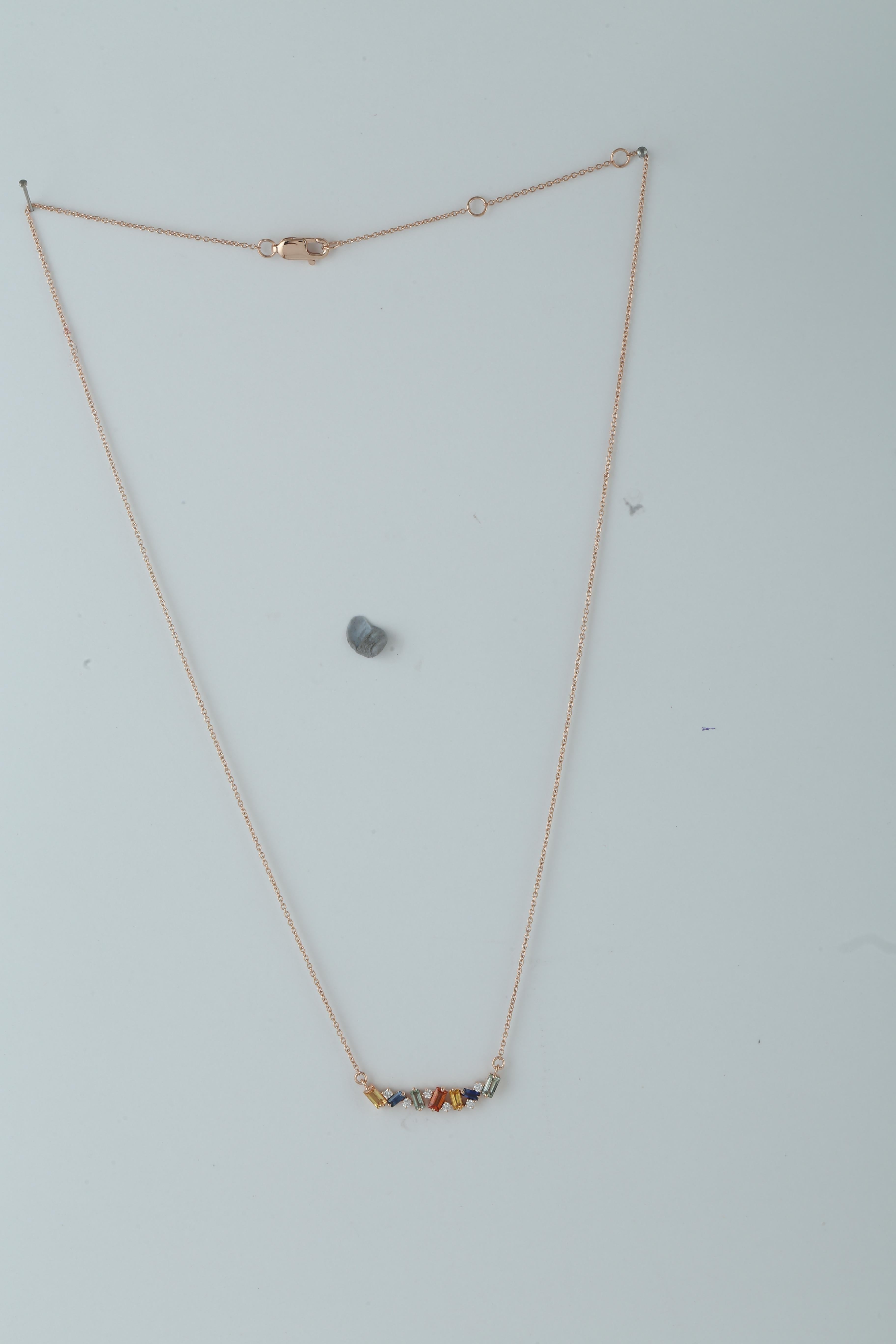 Contemporary Baguette Shaped Sapphire & Diamond Pendant Chain Necklace In 18k Rose Gold For Sale