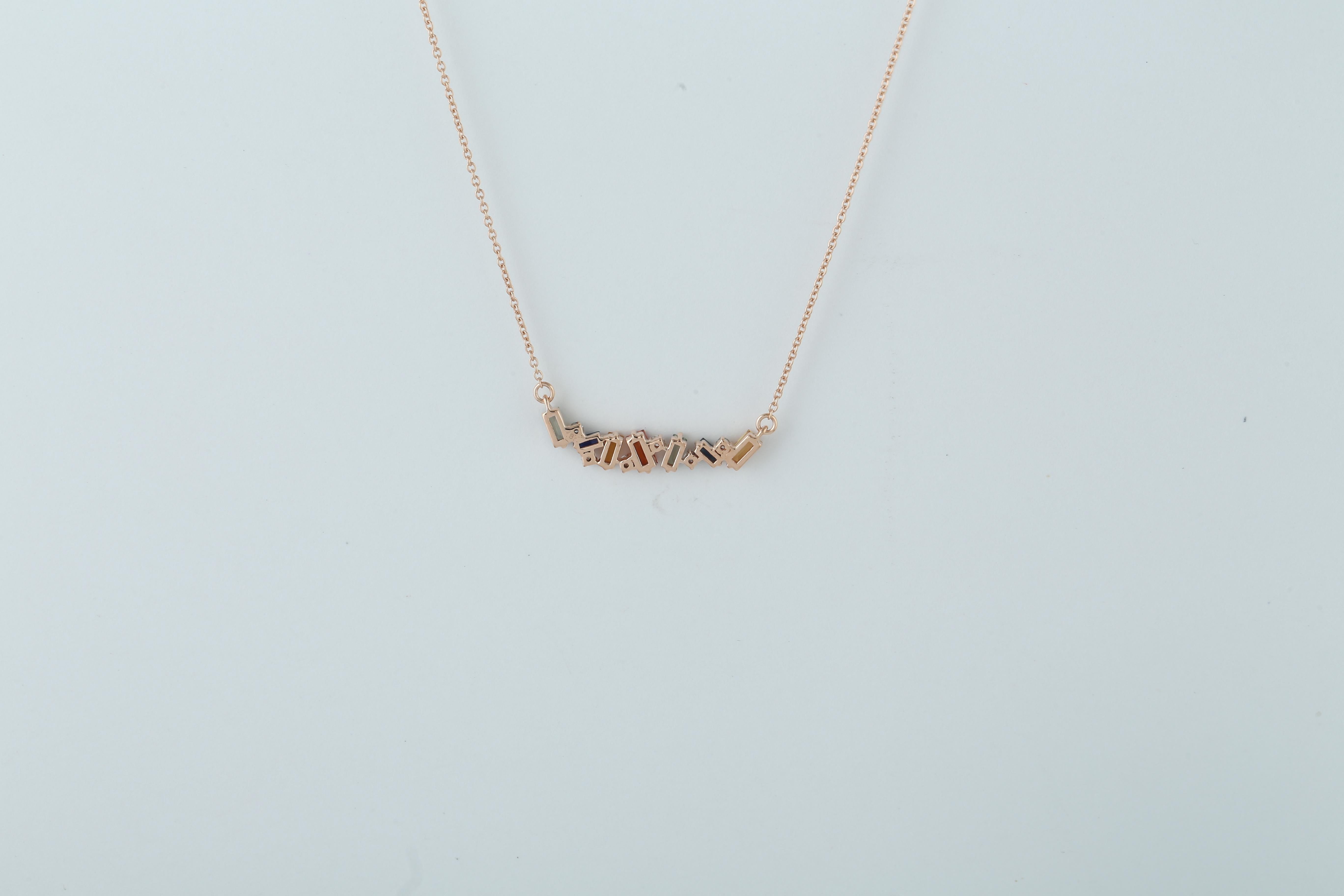 Mixed Cut Baguette Shaped Sapphire & Diamond Pendant Chain Necklace In 18k Rose Gold For Sale