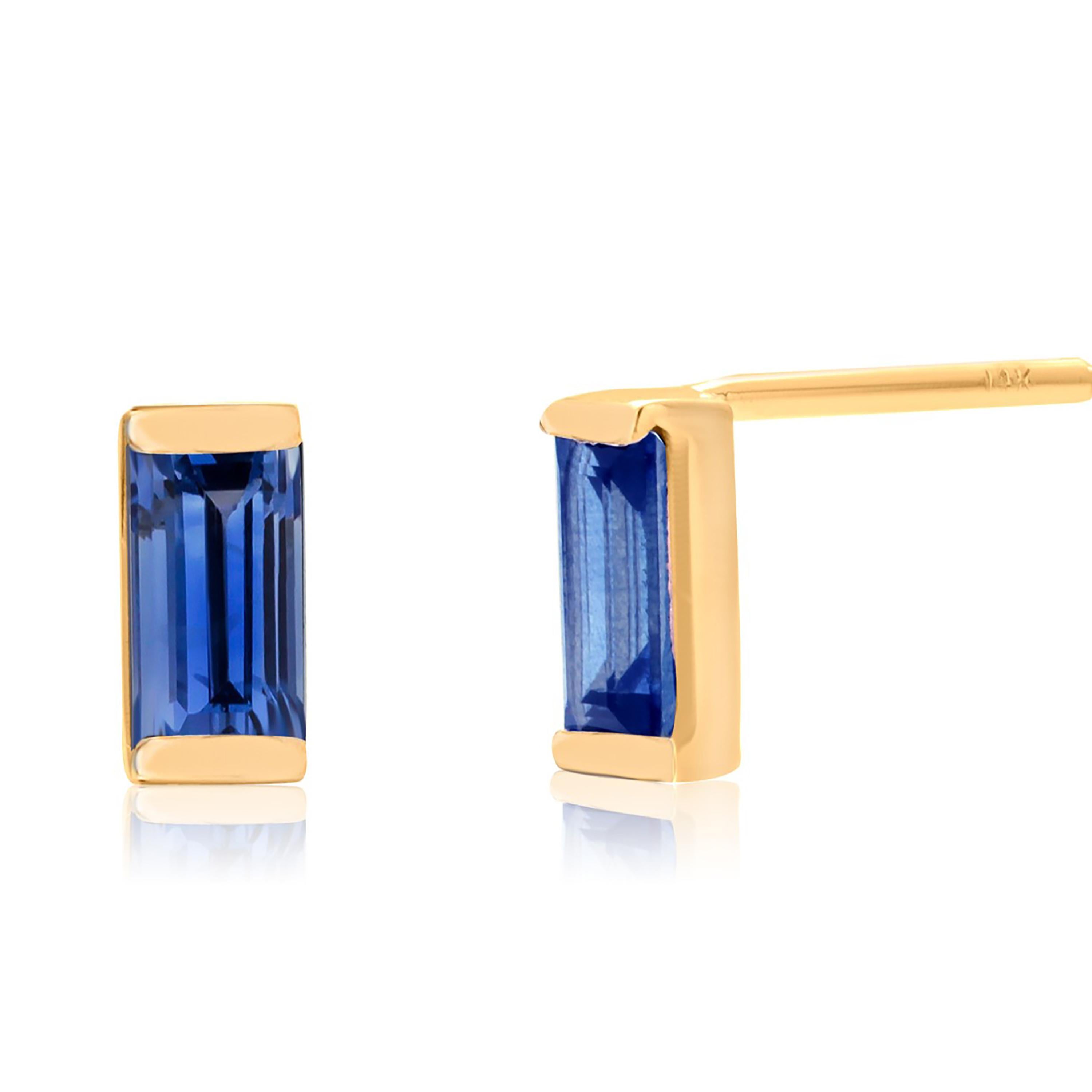 Baguette Cut Baguette Shaped Sapphire Yellow Gold Mini Stud Earrings Second or Third Hole 