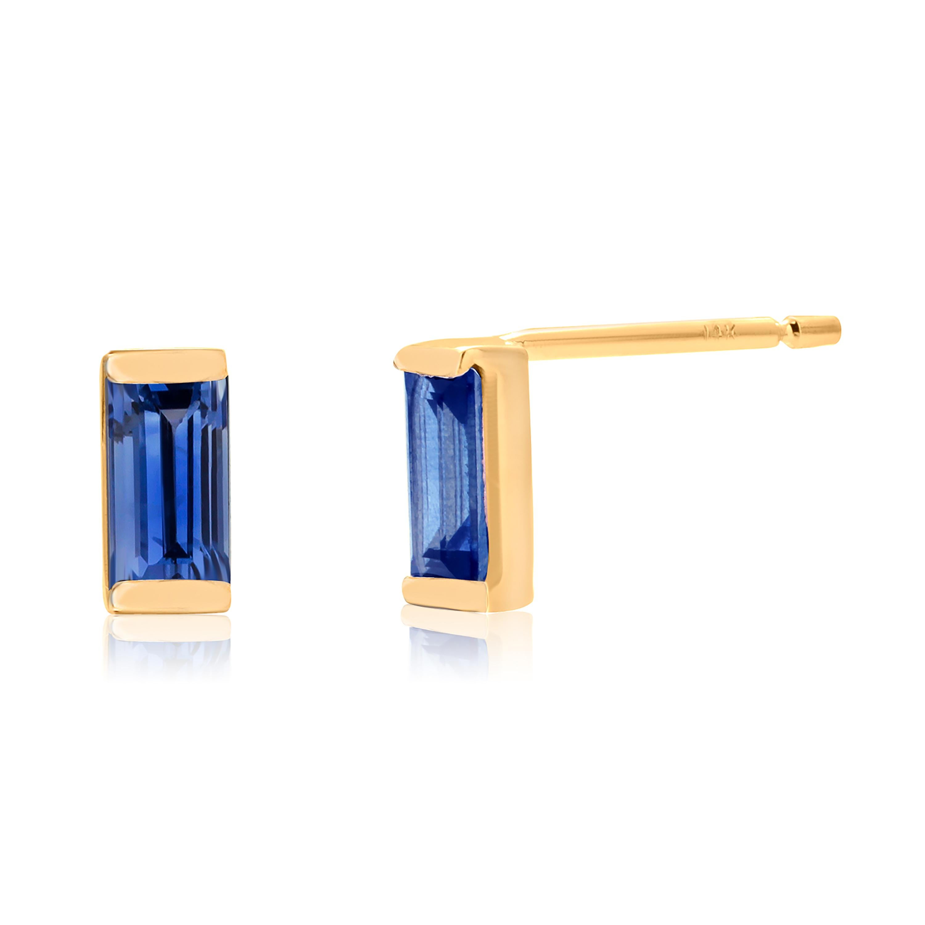 Women's or Men's Baguette Shaped Sapphire Yellow Gold Mini Stud Earrings Second or Third Hole 