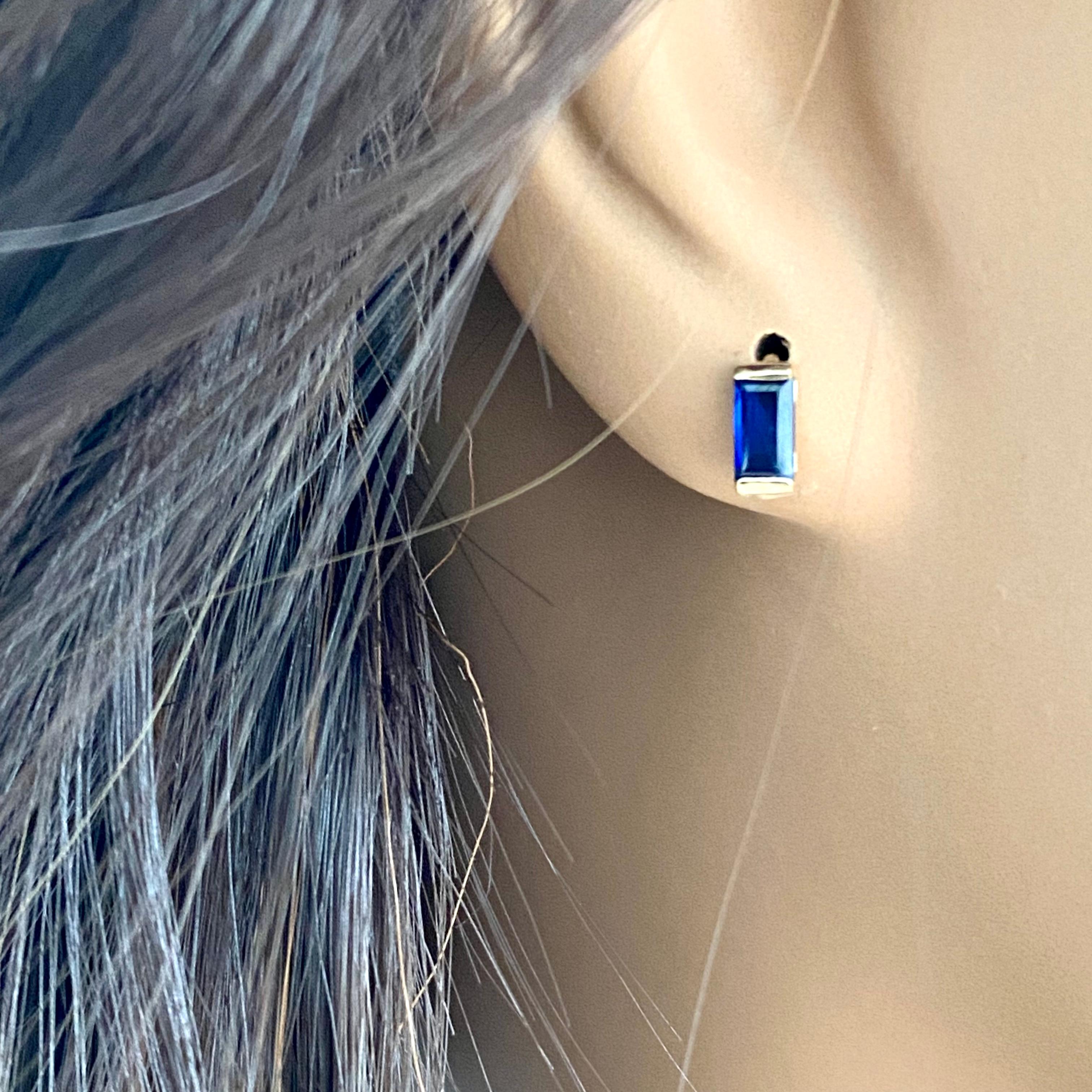 Baguette Shaped Sapphire Yellow Gold Mini Stud Earrings Second or Third Hole  3