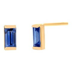 Baguette Shaped Sapphire Yellow Gold Mini Stud Earrings Second or Third Hole