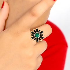 Baguette Shaped Spinel Ring With Round Chrysoprase Made in 18K Yellow Gold