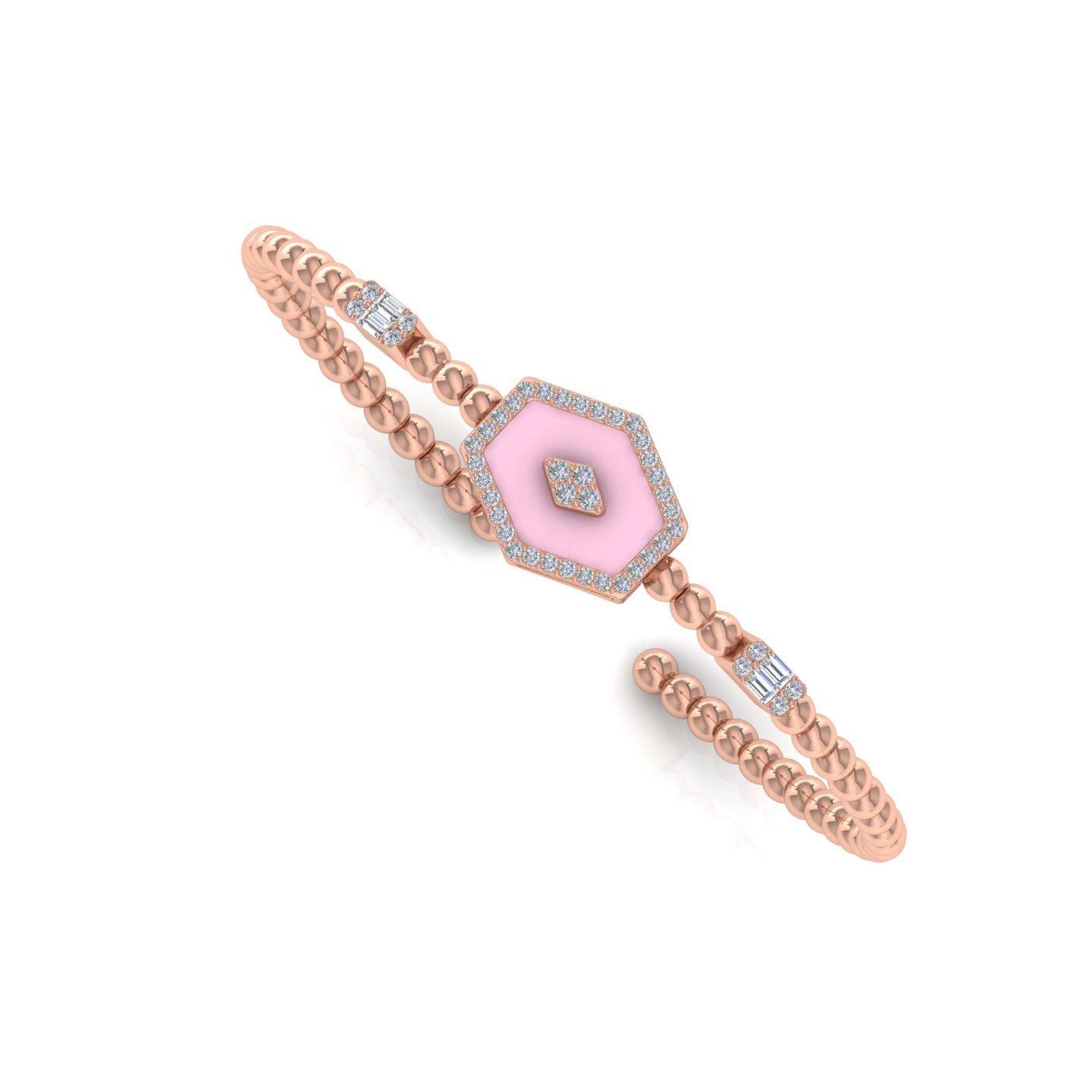 Modern Baguette SI/HI Natural Diamond Enamel Cuff Bangle Bracelet 18 Karat Rose Gold For Sale