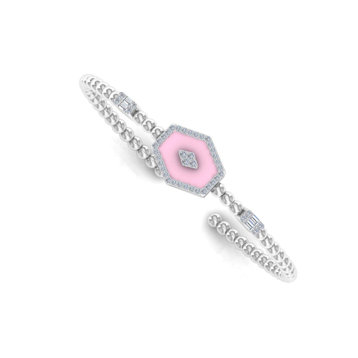 Modern Baguette SI/HI Natural Diamond Enamel Cuff Bangle Bracelet 18 Karat White Gold For Sale