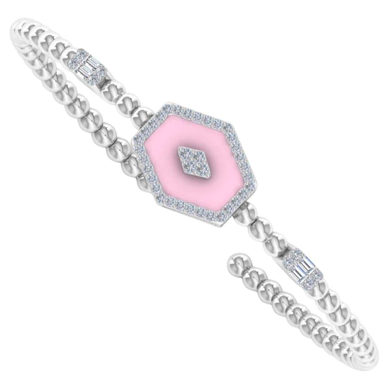 Baguette SI/HI Natural Diamond Enamel Cuff Bangle Bracelet 18 Karat White Gold For Sale