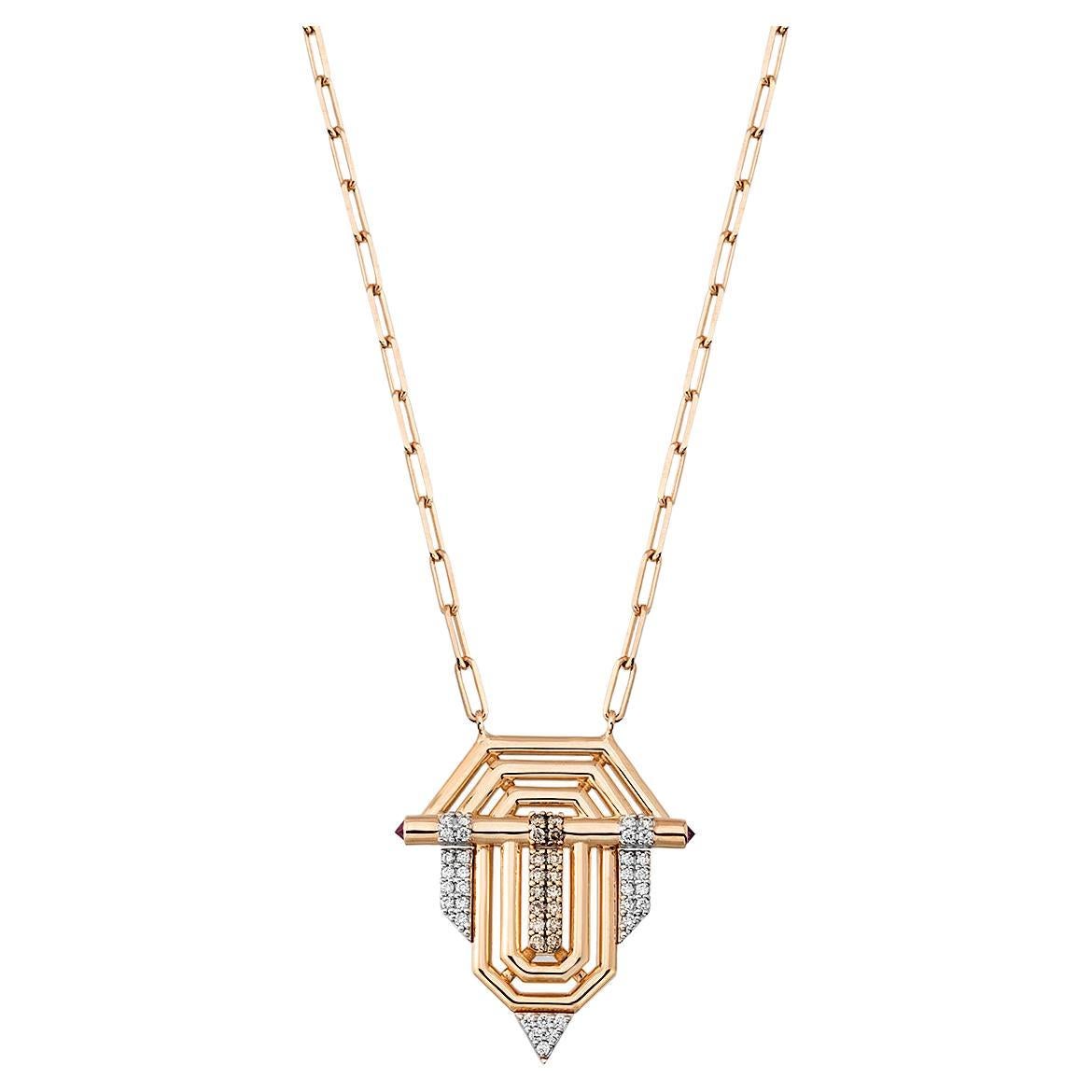 Collier de bijoux baguette en or rose 14 carats avec diamants et cabochon de rubis de Sienne