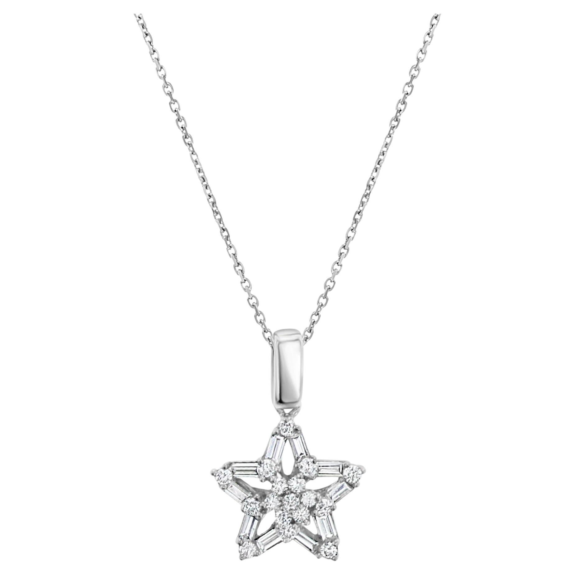 Baguette Star Shaped Diamond Necklace .66cttw 18k White Gold For Sale