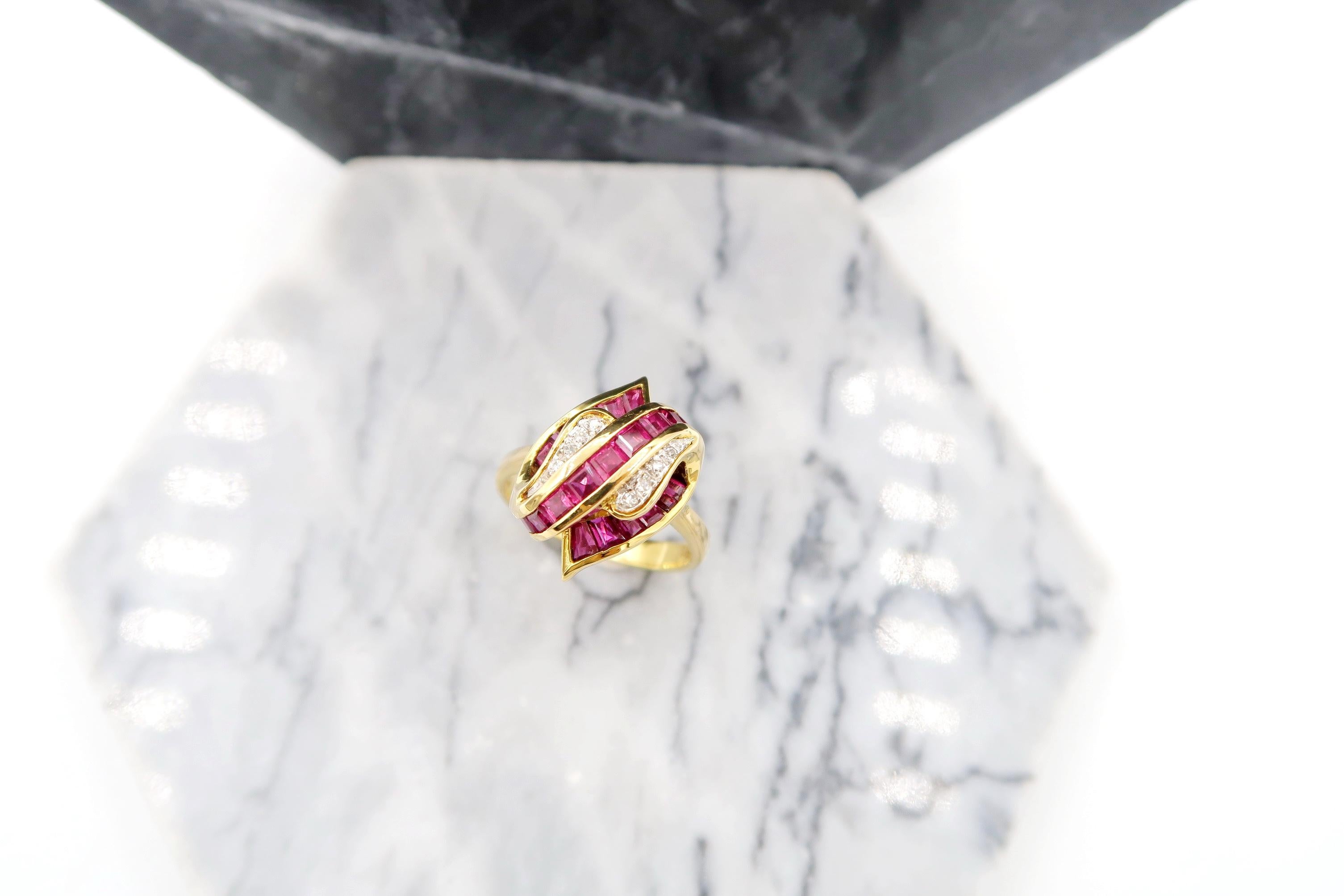 Baguette Cut Baguette Vibrant Red Ruby Diamond Fascinator Ring in 18k Yellow Gold For Sale