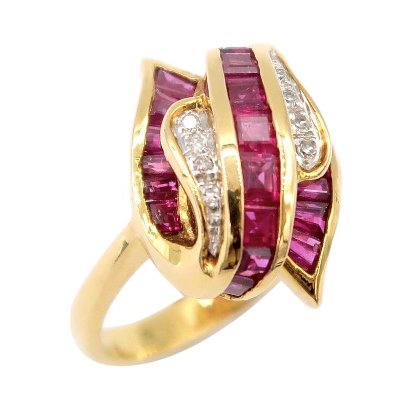 Baguette Vibrant Red Ruby Diamond Fascinator Ring in 18k Yellow Gold For Sale