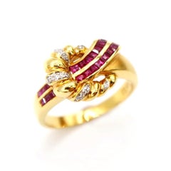 Baguette Vibrant Red Ruby Strap Diamond Braid Buckle 18K Gold Ring