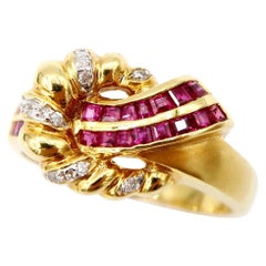 Baguette Vibrant Red Ruby Strap Diamond Braid Buckle 18K Gold Ring