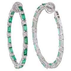 Baguette Zambian Emerald Gemstone Fine Hoop Earrings Diamond 18 Karat White Gold