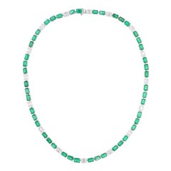 Baguette sambischer Smaragd Edelstein Halskette Diamant 14 Karat Weißgold Schmuck