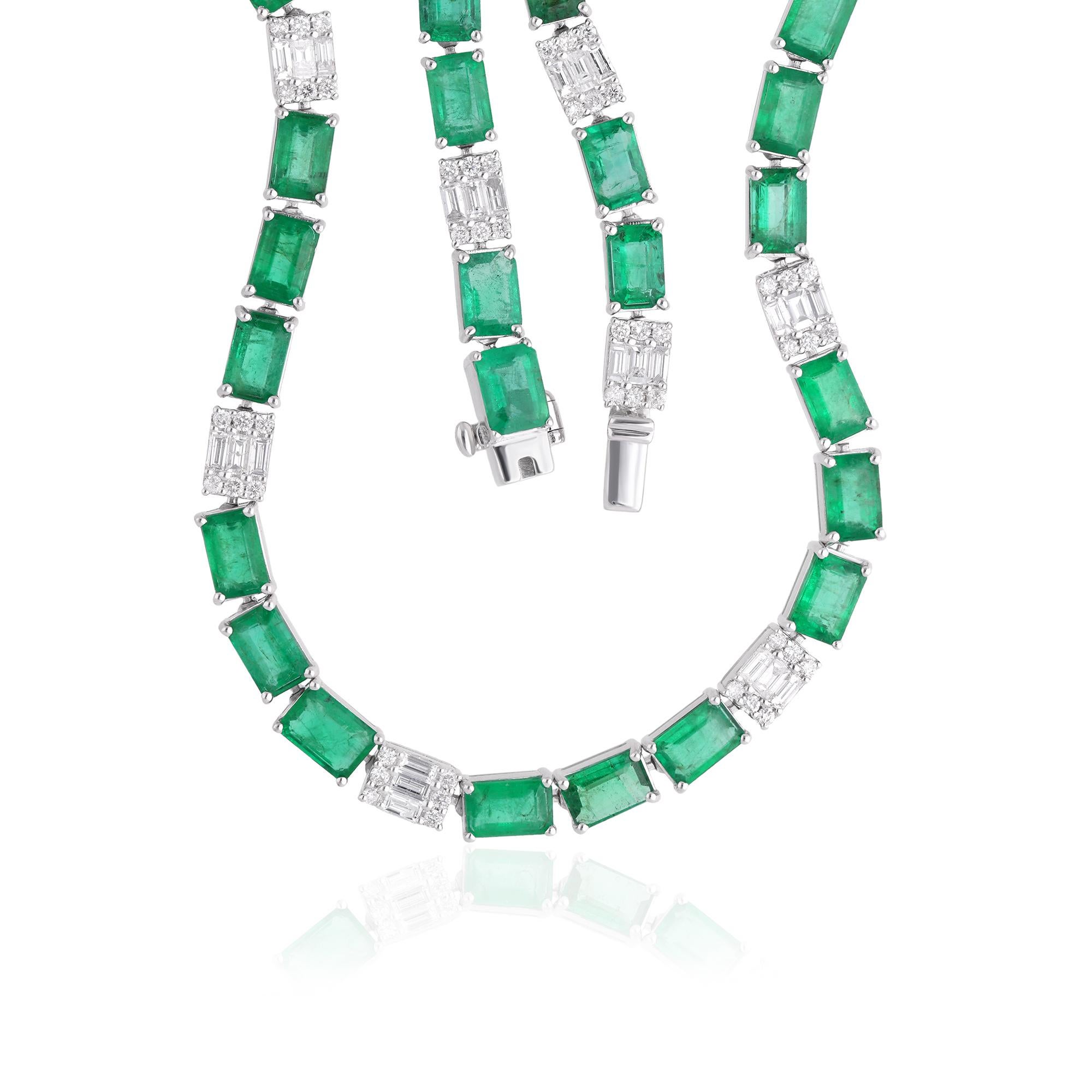 Modern Baguette Zambian Emerald Gemstone Necklace Diamond 18 Karat White Gold Jewelry For Sale