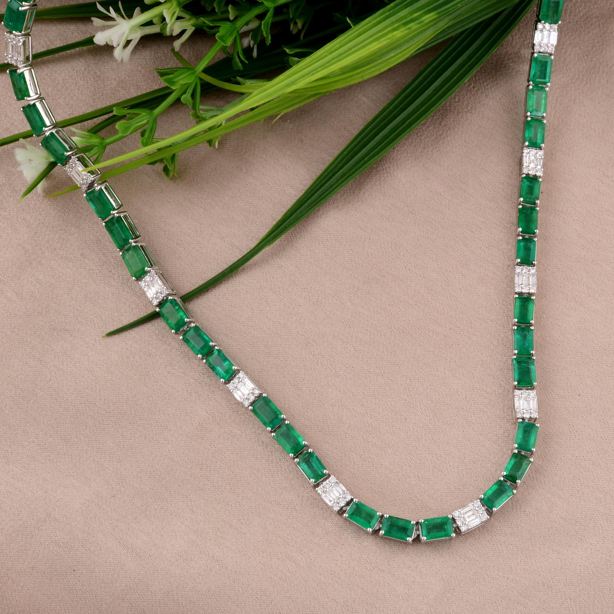 Women's Baguette Zambian Emerald Gemstone Necklace Diamond 18 Karat White Gold Jewelry For Sale