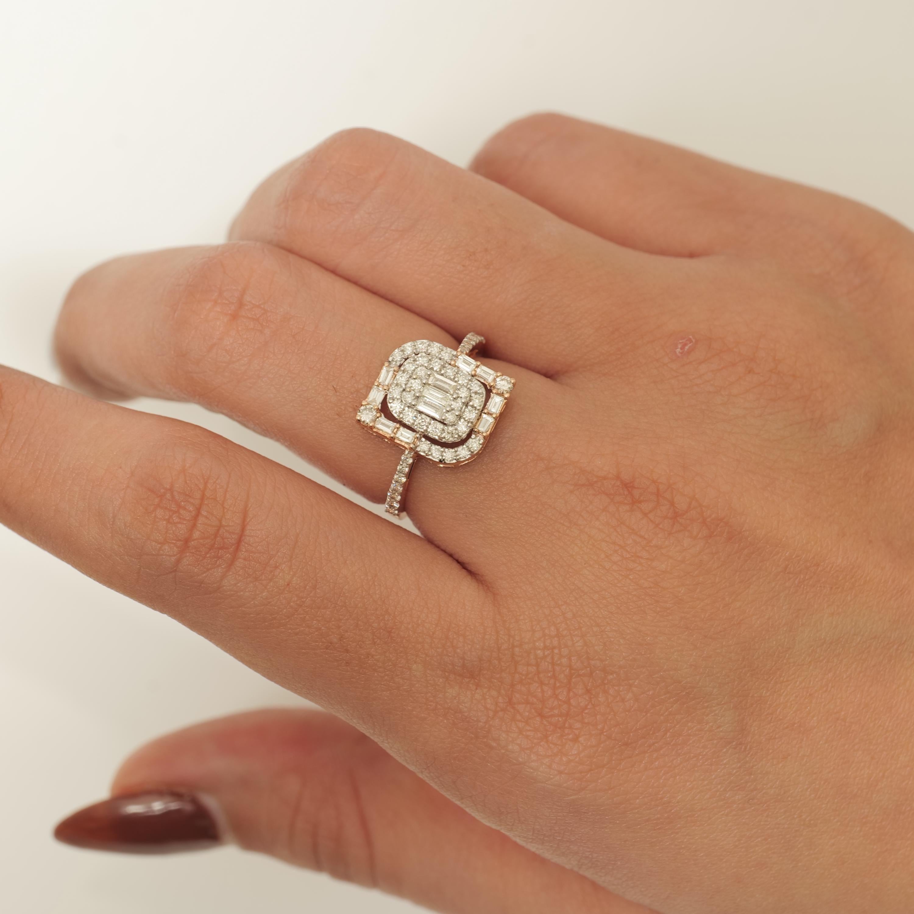 Baguette und runder natürlicher Diamantring aus 14k massivem Gold (zertifiziert) (Art déco) im Angebot