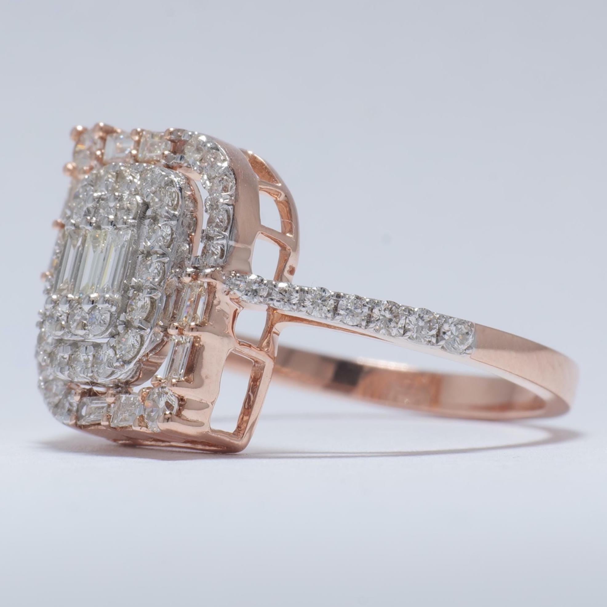 Baguette und runder natürlicher Diamantring aus 14k massivem Gold (zertifiziert) (Rundschliff) im Angebot