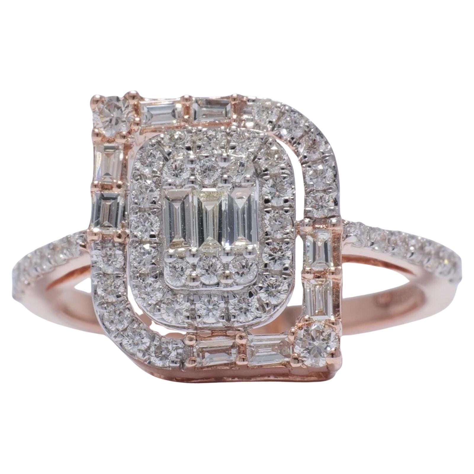 Baguettes and Round Natural Diamond Ring in 14k Solid Gold (Certified)