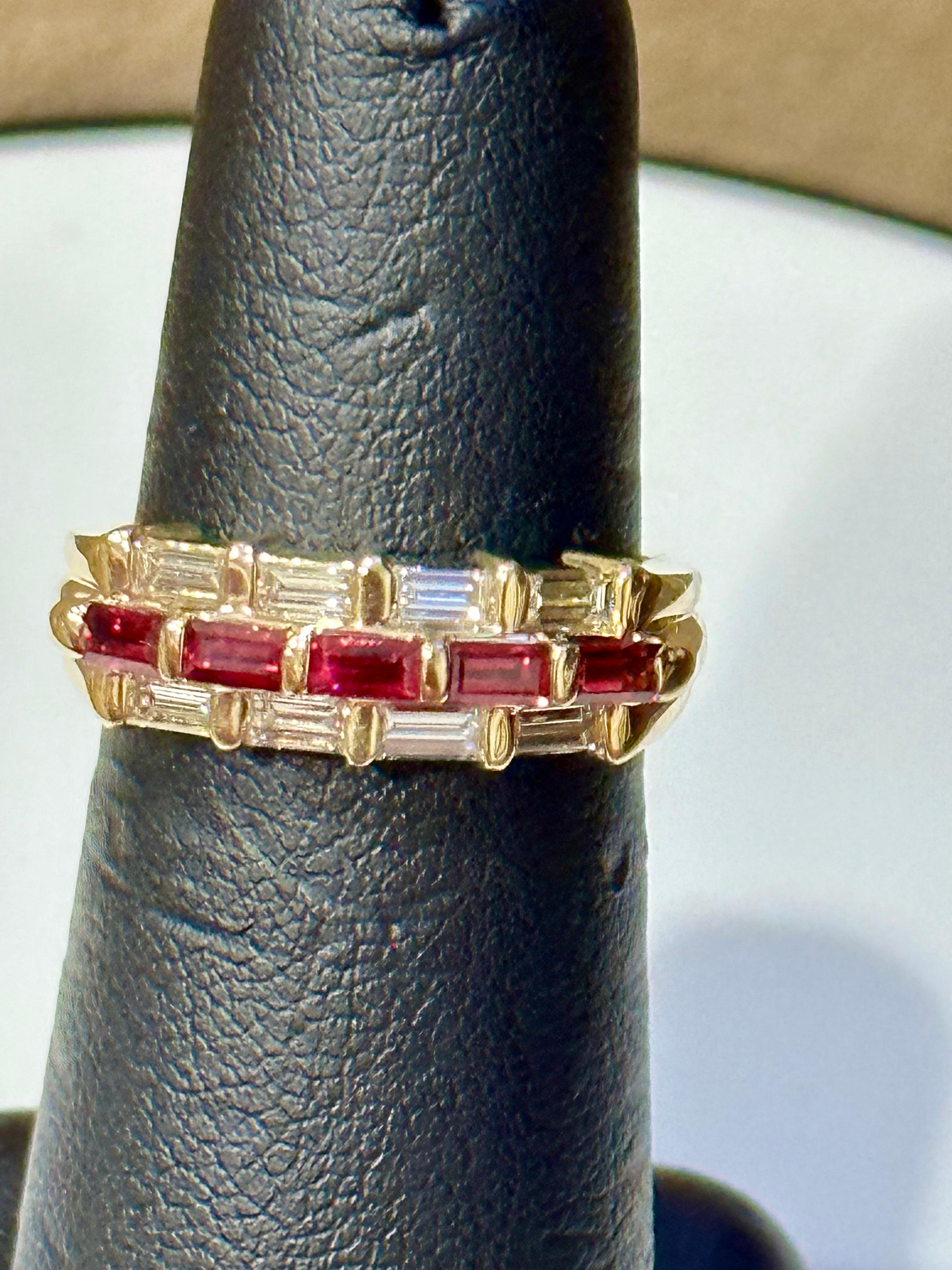 Baguettes Diamonds & Princess Cut  Natural Burma Ruby Ring 14 Karat Yellow Gold  For Sale 11